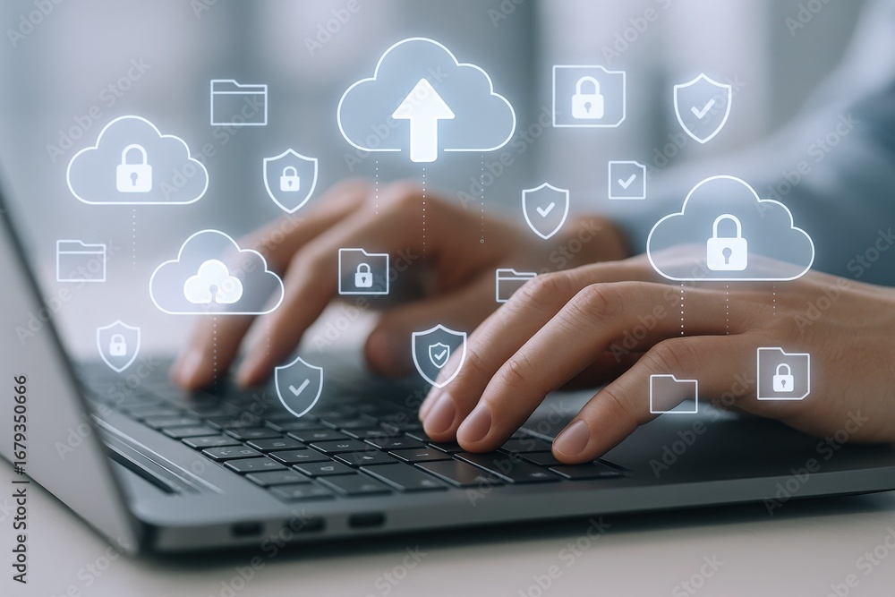 Aufkleber cloud security: hands typing on laptop with data protection icons for secure file management