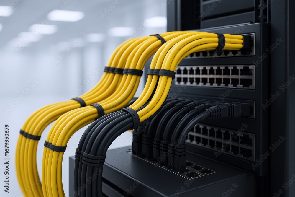 Aufkleber network cables connected to switch in data center for high-speed communication and connectivity