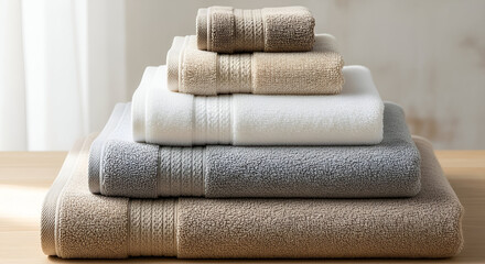 Luxurious folded towels in neutral tones add spa elegance to your bathroom decor, promising soft comfort and a touch of understated sophistication for everyday use