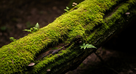 Enchanting moss-covered log in a vibrant forest, with tiny ferns and mushrooms adding a touch of magic to nature's tranquil beauty and serene atmosphere