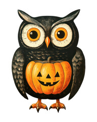 An owl holding a pumpkin on Halloween in Vintage Retro Mid-Century Clipart style isolated