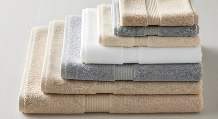 Freshly laundered towels stacked neatly for a luxurious spa feel, perfect for hotel promotions, home decor ads, or promoting cozy relaxation after a bath