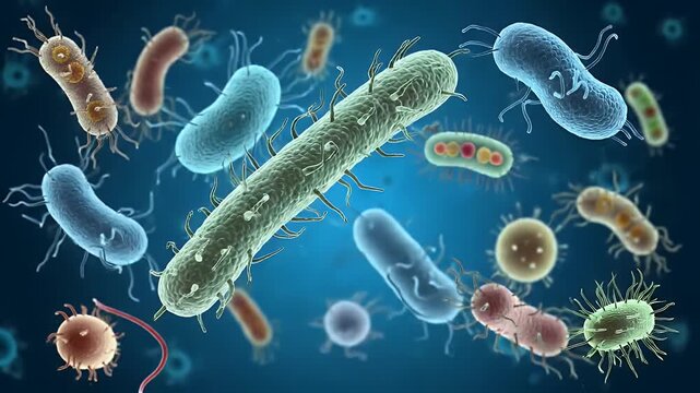 Microscopic Bacteria Diversity in Vibrant Colors on Blue Gradient Background Biology Medical Science Microbiology