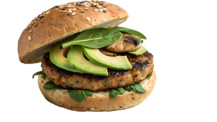 Vegan burger with grilled mushroom patty, spinach leaves, avocado, whole grain bun, white background, no text