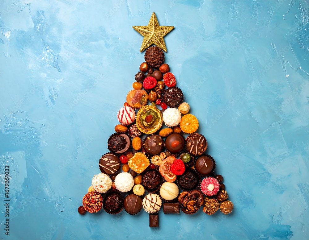 Poster a festive christmas tree design formed by an array of colorful and delicious chocolates and sweets, 
