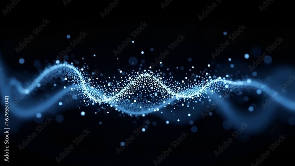 Poster technology-inspired gradient wave – abstract dotted white and blue particles, forming fluid wave lin