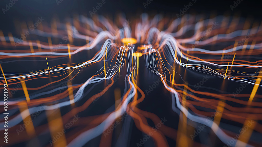 Poster dynamic visualization of interconnected data streams forming a complex neural network, symbolizing f