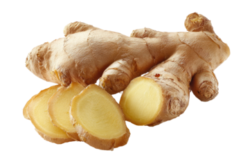 Fresh ginger root, sliced.  A whole ginger root, light brown with pale yellow interior, is displayed alongside slices.  Bright, clear image