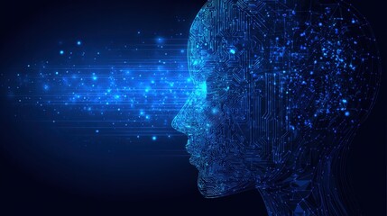 Abstract Digital Face with Glowing Light Rays Illustrating Artificial Intelligence and Future Technology Concepts