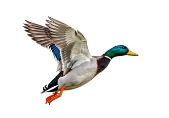 A beautiful mallard duck with bright green head and orange feet, isolated in a moment of flight.