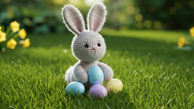Adorable Easter bunny with colorful eggs sitting in vibrant green grass, springtime fun