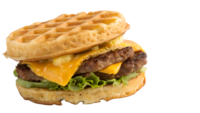Waffle burger with beef patty sandwiched between golden waffles, cheddar cheese, lettuce, white background, no text