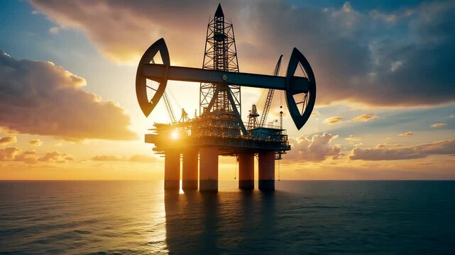 Offshore oil drilling platform with pumpjack machinery in ocean waters illuminated by dramatic golden sunset sky