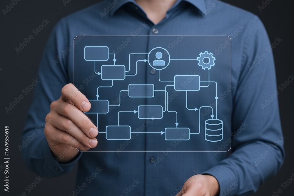 Poster man presents flowchart diagram on transparent screen for business processes and systems optimization