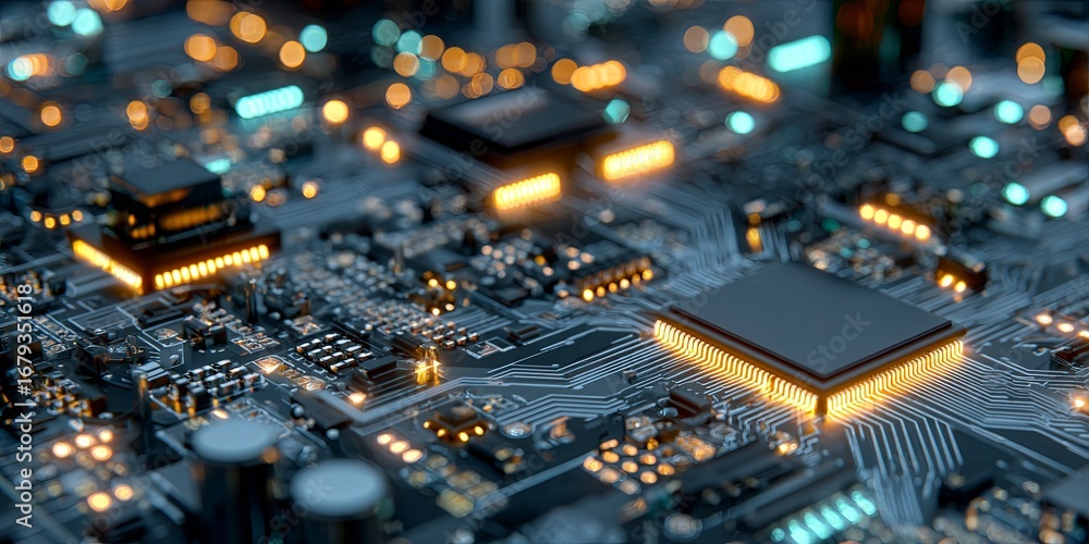 Poster futuristic close-up of a computer circuit board with bright led lights and intricate wiring details