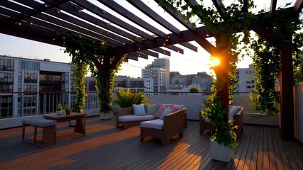 This video shows a stylish rooftop terrace with comfortable seating, lush green plants, wooden flooring and beams, all beautifully lit by the warm glow of the setting sun. - Powered by Adobe