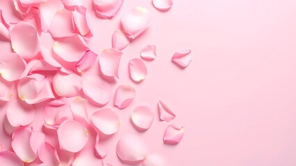 Obraz premium Delicate pink rose petals scattered across a pastel pink background, creating a soft and romantic aesthetic.