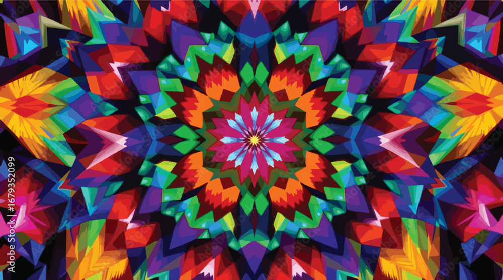 Aufkleber geometric kaleidoscope pattern with vivid rainbow colors and sharp edges abstract colorful.
