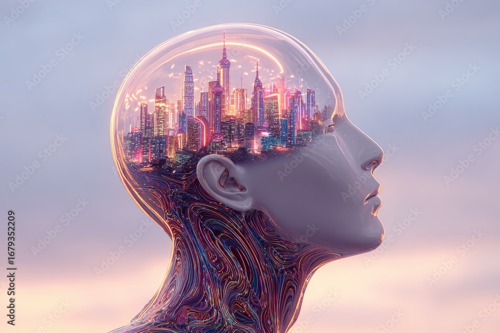 Poster conceptual visualization of artificial intelligence with cityscape, representing future technology, 