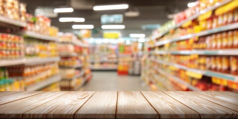 Fototapeta premium Wooden Tabletop with Supermarket Aisle Background, Perfect for Product Placement and Promotional Mockups