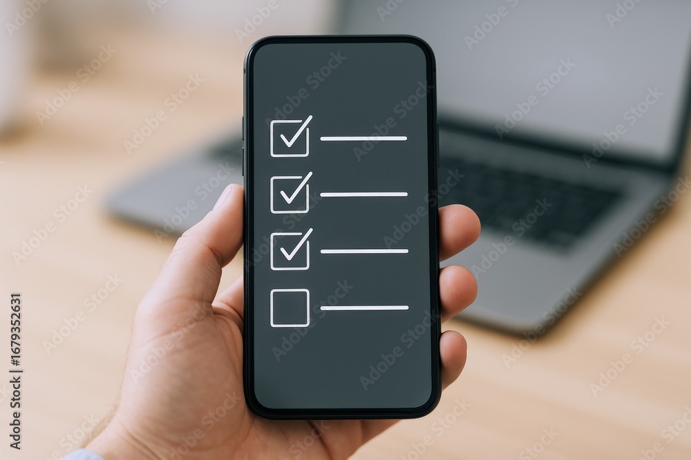 Poster checklist on smartphone screen held by hand with laptop in background displaying task management