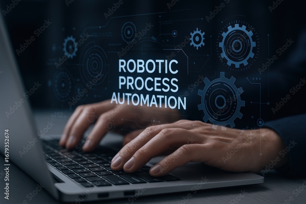 Poster robotic process automation: close-up of hands typing on laptop keyboard with rpa digital overlay
