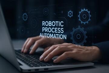 Robotic Process Automation: Close-up of Hands Typing on Laptop Keyboard with RPA Digital Overlay