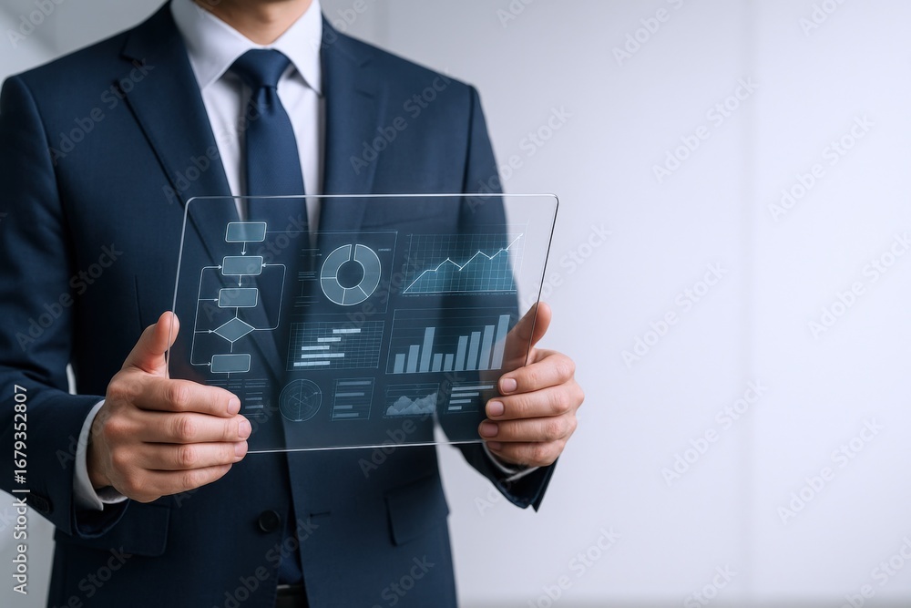 Poster businessman presents data visualization on transparent screen displaying charts, graphs, and flowcha