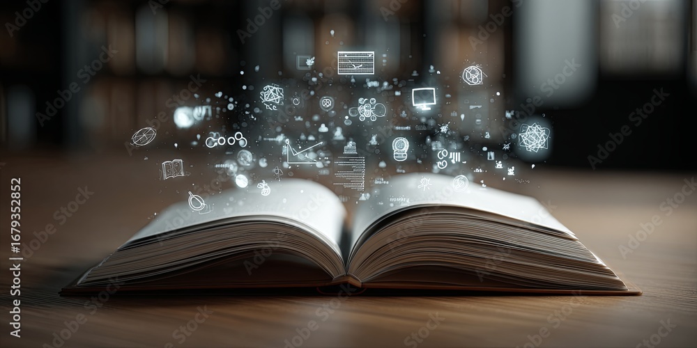 Poster open book with floating digital icons representing knowledge and learning concepts in a professional