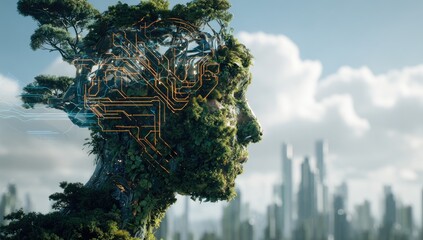 Nature-infused head profile, circuitry overlaid, futuristic city backdrop