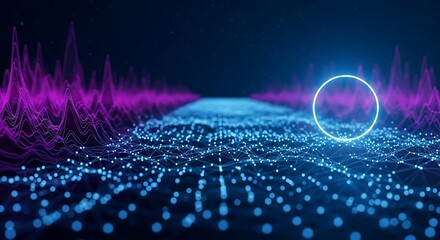 Digital Abstract Landscape with Glowing Neon Circle and Data Streams