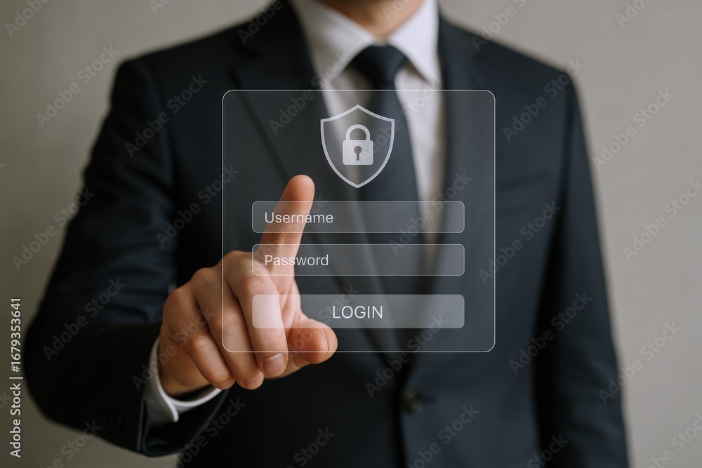 Aufkleber man in suit interacting with a digital login interface displaying security shield and padlock icon
