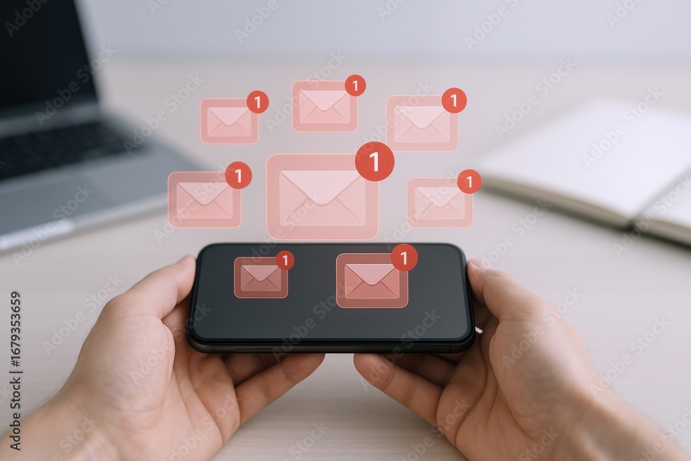 Poster mobile phone displaying email notification icons in hands, indicating unread messages and communicat