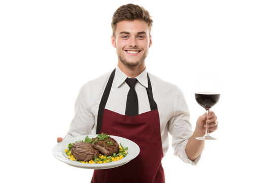 Happy waiter presents delicious food and wine. Restaurant, fine dining, service concept.