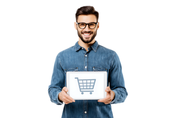 Smiling man holding tablet with shopping cart icon.