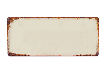 Blanked rusted vehicle license plate isolated on white background