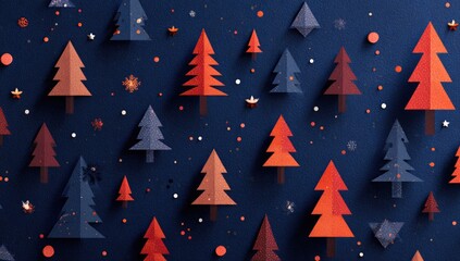 Festive papercraft forest scene on navy blue background