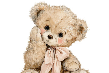 Cute teddy bear with pink bow, perfect for children's products.