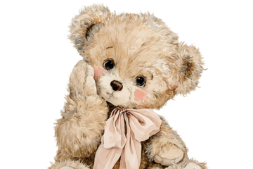 Cute teddy bear with pink bow, perfect for children's products.
