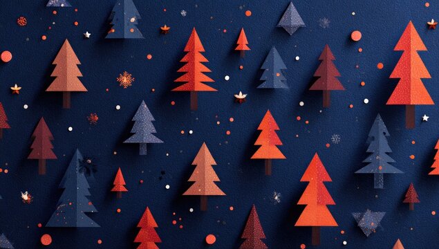 Festive papercraft forest scene on navy blue background