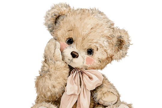 Cute teddy bear with pink bow, perfect for children's products.