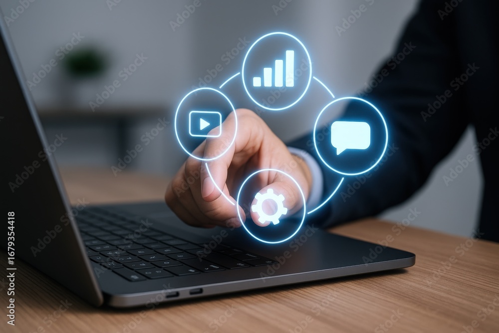 Poster Man Interacting with Digital Interface on Laptop Displaying Business and Social Media Icons