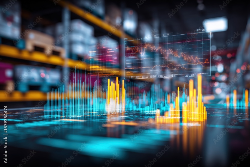 Poster warehouse data visualization with holographic overlay for inventory management and supply chain opti