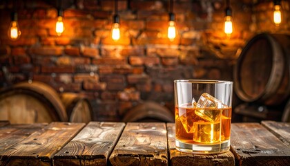 Whiskey Tasting Room: A finely crafted image of a whiskey glass with ice cubes, artfully placed on a wooden surface amidst ambient lighting and rustic barrels.