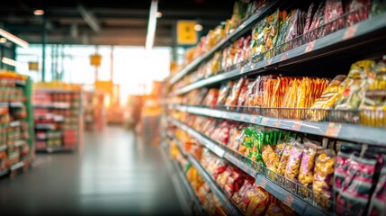 Fototapeta premium Grocery store aisle with shelves stocked full of vibrant packaged goods and food products