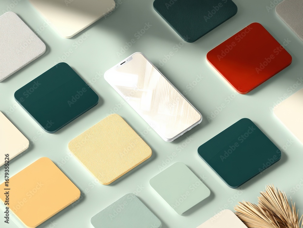 Poster modern smartphone display mockup surrounded by colorful square shapes on a light background
