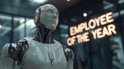 A humanoid robot Employee of the Year working symbolizing the agentic AI agent using AGI superintelligence for ASI autonomy during the singularity