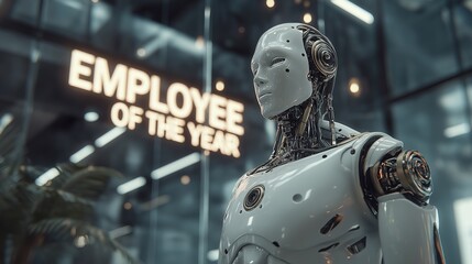 A humanoid robot Employee of the Year working symbolizing the agentic AI agent using AGI superintelligence for ASI autonomy during the singularity