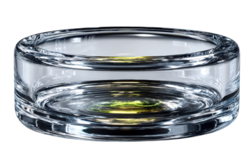 Elegant clear glass ashtray with light reflections on transparent background