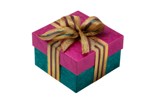 A wrapped gift box with a gold ribbon.